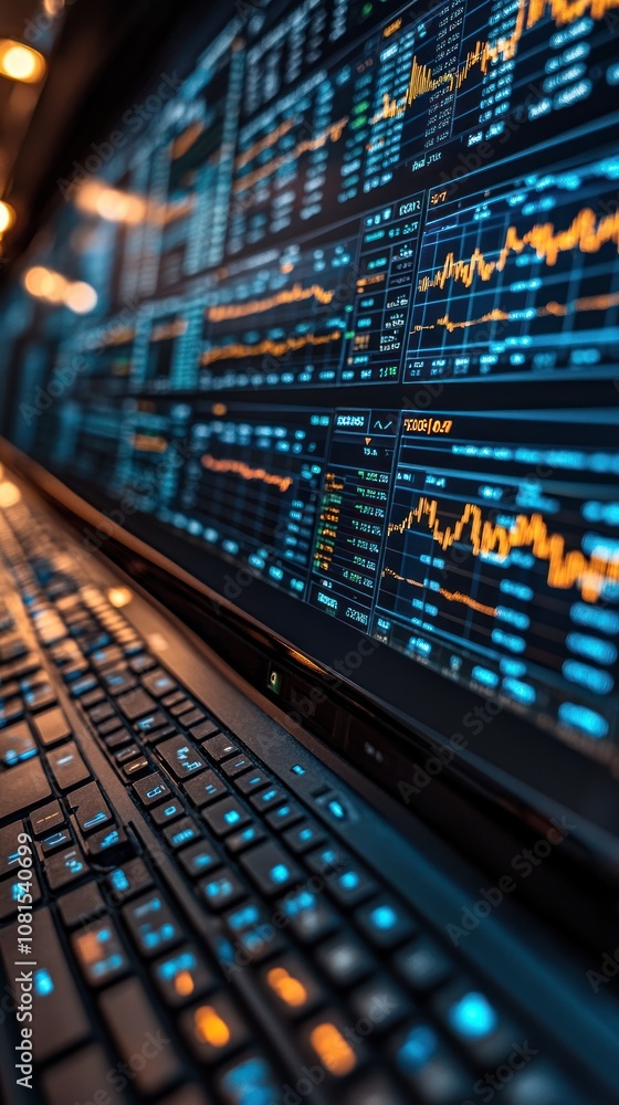Detailed view of a financial trading interface with graphs and data. Detailed view of a financial trading interface with graphs and data.