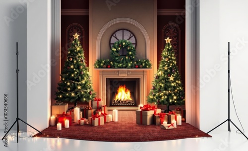 Christmas scene, elegant fireplace, twin Christmas trees, red candles, cozy interior, warm lighting, festive decor, arched window, wooden floor, holiday atmosphere, symmetrical composition, traditiona