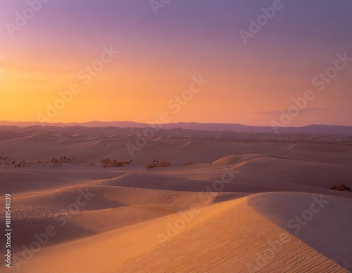 Sunset Over the Vast Desert With Rolling Sand Dunes Glowing Golden Under the Fading Light, While the Sky Transitions From Orange to Deep Purple in the Distance