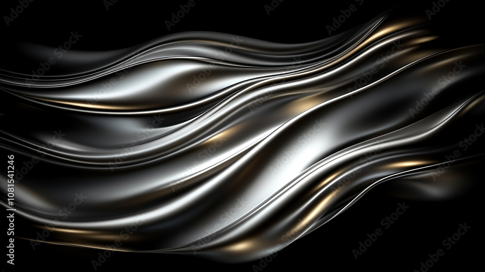 Abstract background with flowing silver and gold metallic waves on black background. Abstract background with flowing silver and gold metallic waves on black background.