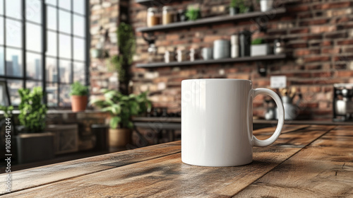 A white mug sits on a wooden table in front of a blurred background of an industrial kitchen.