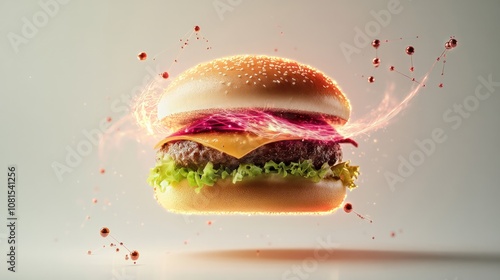 A deconstructed hamburger with each layer suspended, surrounded by quantum energy waves, photo