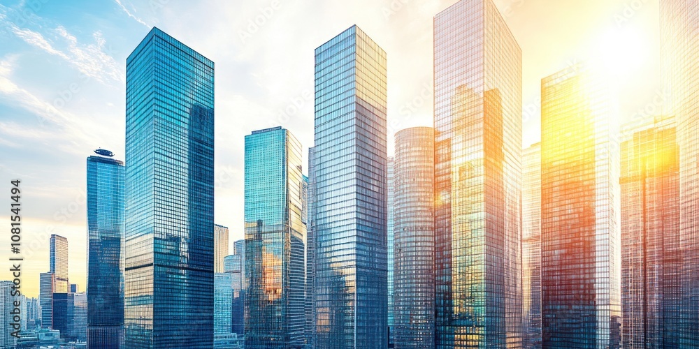 Obraz premium Modern skyscrapers reflecting sunlight in a vibrant urban landscape.