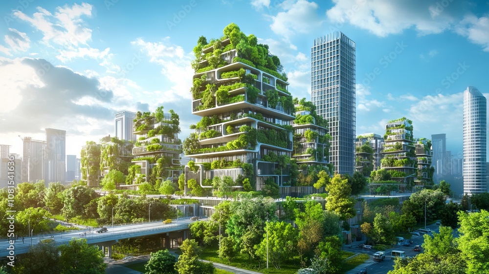 Fototapeta premium City dedicated to sustainable engineering and environmental responsibility. Urban development, implementing innovative green engineering projects.