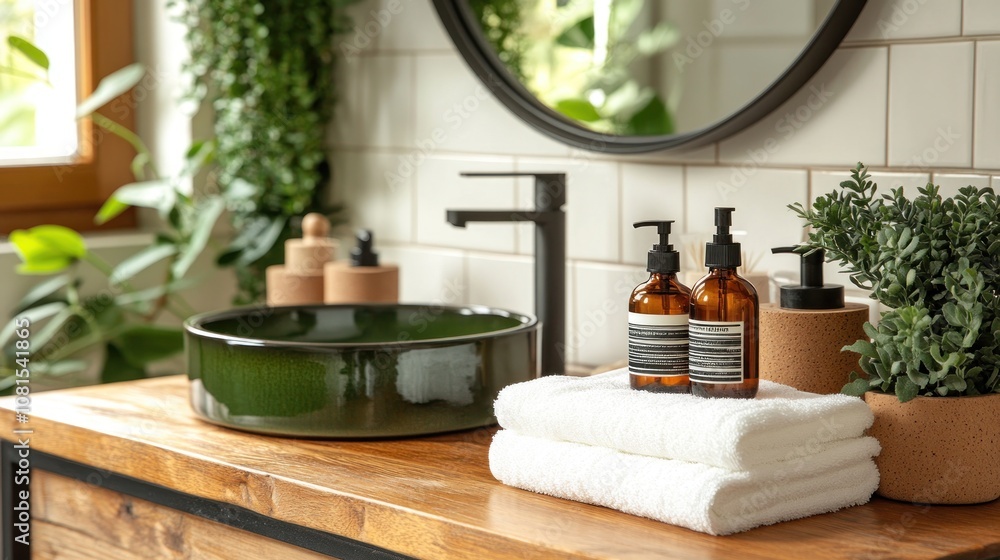 Green ceramic sink with wooden countertop and white towels. Green ceramic sink with wooden countertop and white towels.