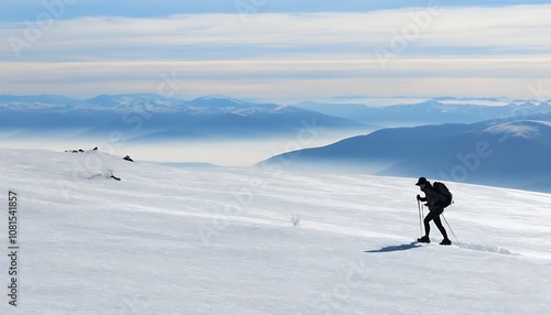 Hiking adventure at the top of a snowy mountain, conversing with nature in extreme cold weather.