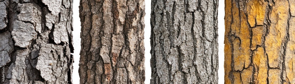 A collection of four different tree bark textures showcasing various colors and patterns. A collection of four different tree bark textures showcasing various colors and patterns.