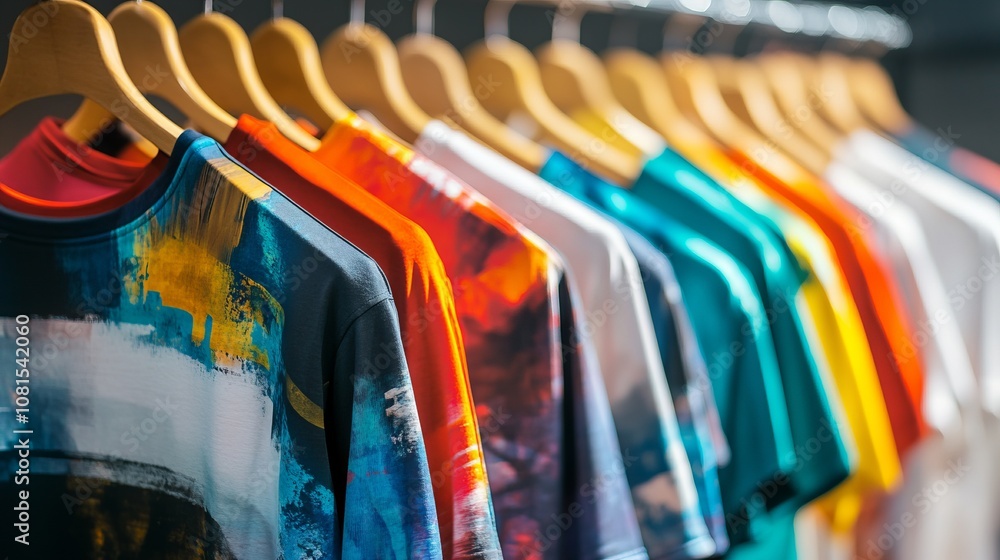 Fototapeta premium Colorful custom-printed t-shirts on hangers, showcasing dye sublimation printing technique.