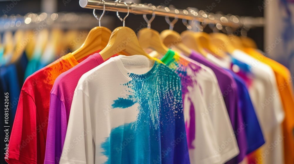 Obraz premium Colorful custom-printed t-shirts on hangers, showcasing dye sublimation printing technique.