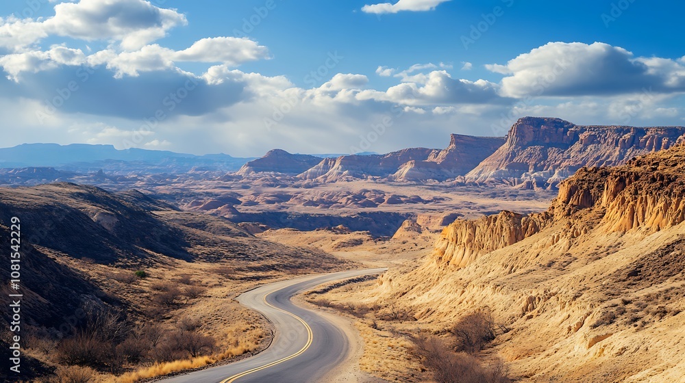 Winding road through a desert canyon with blue sky and clouds Winding road through a desert canyon with blue sky and clouds