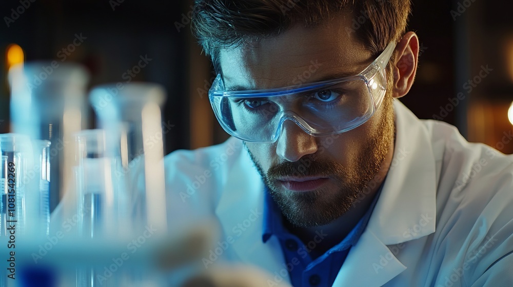 Scientist man in lab coat and safety goggles examining test tubes, representing precision medicine in pharmaceutical research. Scientist man in lab coat and safety goggles examining test tubes, representing precision medicine in pharmaceutical research.