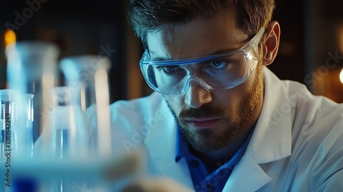 Scientist man in lab coat and safety goggles examining test tubes, representing precision medicine in pharmaceutical research.