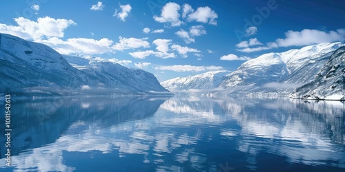 Fjord View with Snow-Capped Mountains and Reflections in Winter