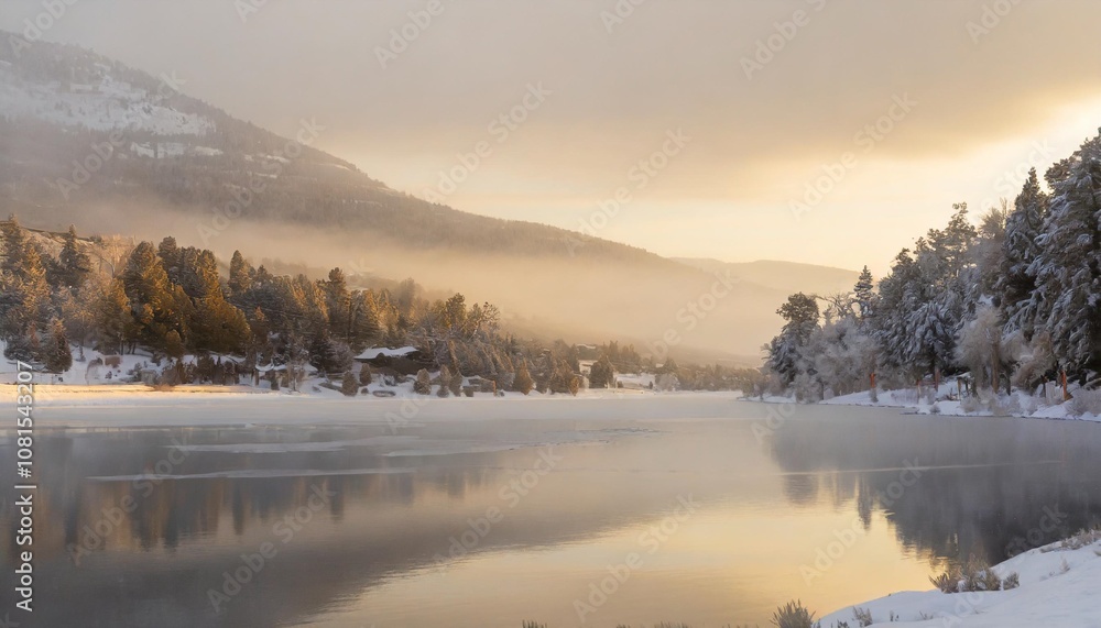 Calm Lake Nestled in a Snowy Valley, With Ice-Covered Trees Lining the Shores and a Low-Hanging Fog Over the Water, Creating a Serene Winter Scene Under a Soft Gray Sky Calm Lake Nestled in a Snowy Valley, With Ice-Covered Trees Lining the Shores and a Low-Hanging Fog Over the Water, Creating a Serene Winter Scene Under a Soft Gray Sky