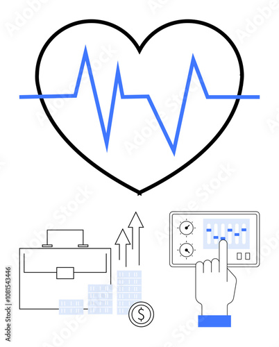 Heart with blue heartbeat line, control panel with hand, briefcase, bar charts, upward arrows, and dollar coin. Ideal for health monitoring, financial growth, investment business stock market