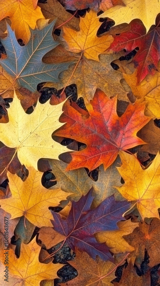 Fototapeta premium A vibrant assortment of autumn leaves in various colors scattered on the ground.
