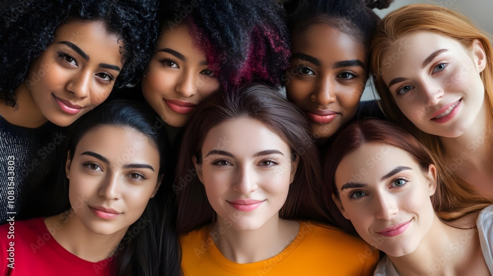 Obraz premium Diverse group of young women from different ethnic backgrounds smiling and celebrating together,showcasing the joy and unity of a multicultural community.