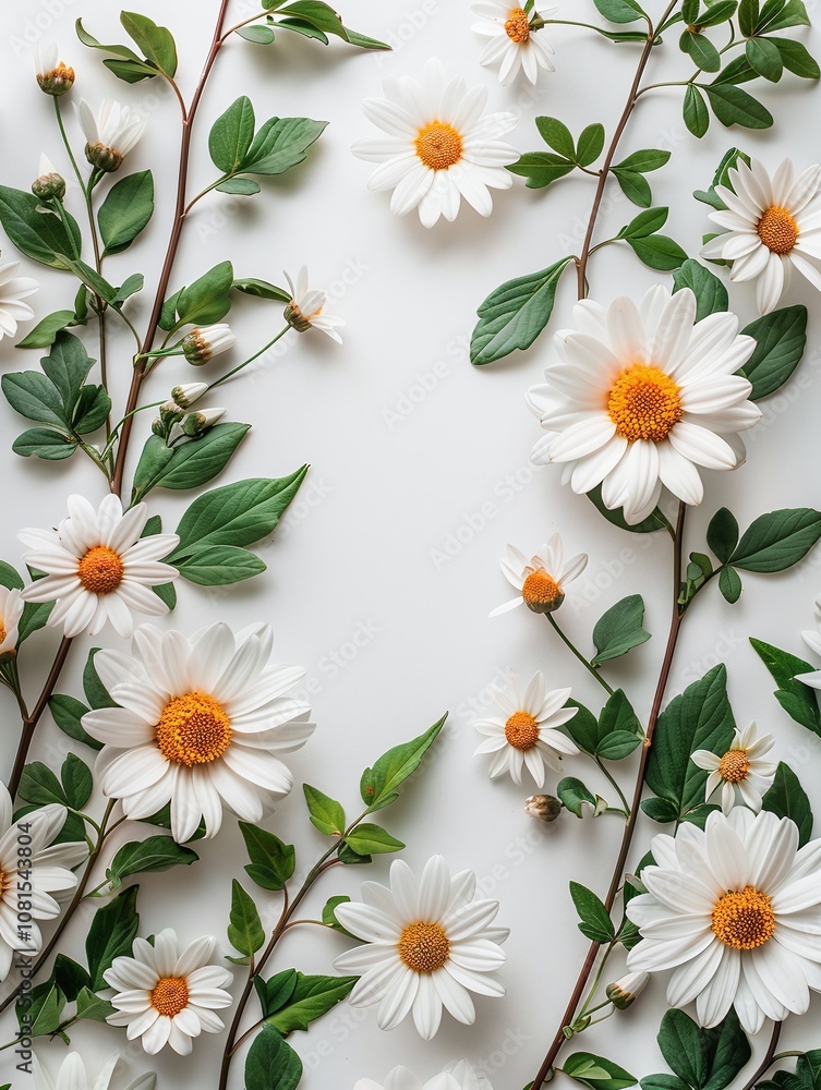 Fototapeta premium Beautiful Flat Lay Composition of White Daisies and Green Leaves on a Soft White Background, Perfect for Nature-Inspired Designs and Fresh Floral Themes