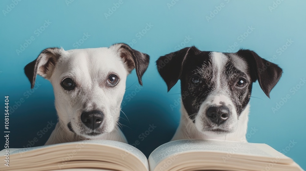 Two dogs with books, engaged in reading on blue background Two dogs with books, engaged in reading on blue background