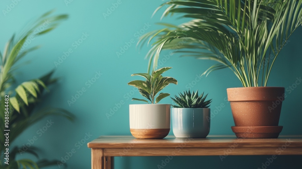 Stylish potted plants on wooden table with teal background Stylish potted plants on wooden table with teal background