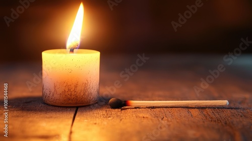 Small candle burning on wooden surface beside matchstick photo