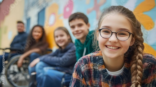 A diverse group of young people,including men and women,are gathered together outside near a colorful graffiti-covered wall. They are all smiling and appear to be having a friendly.