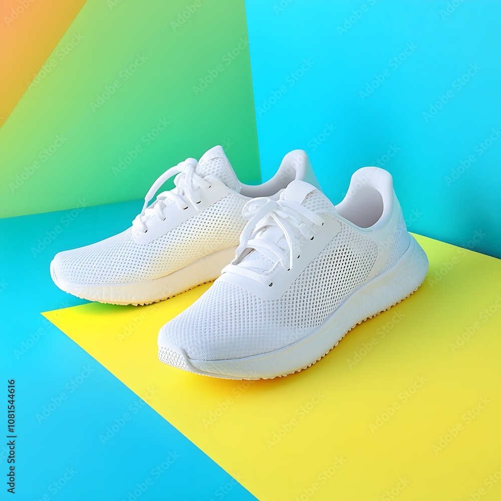 A pair of stylish white athletic shoes displayed on a colorful geometric background. A pair of stylish white athletic shoes displayed on a colorful geometric background.