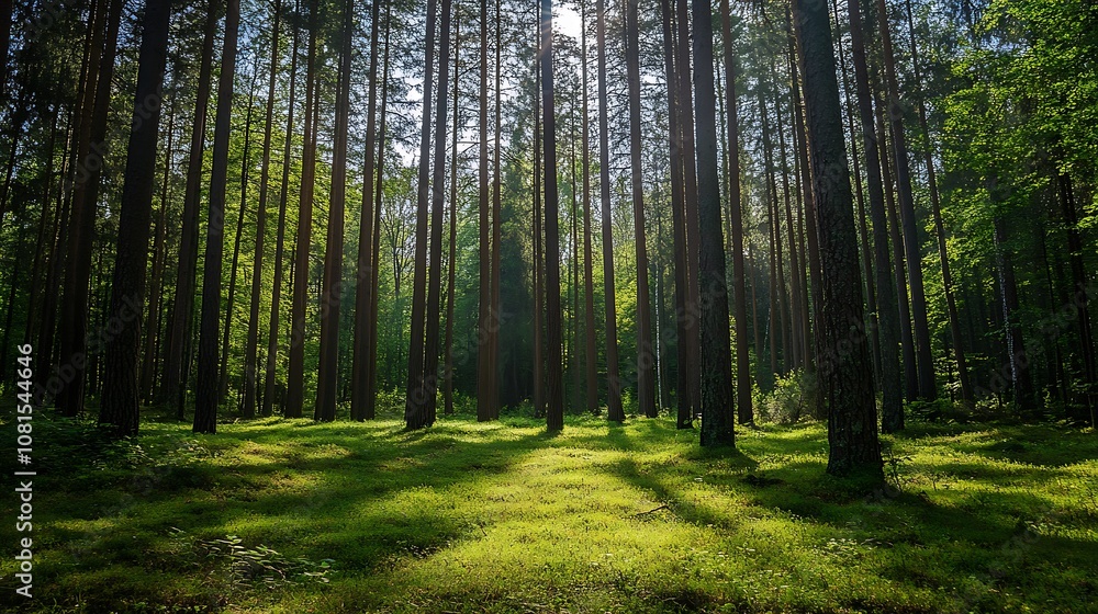 Sunlight streaming through tall pine trees in a lush green forest Sunlight streaming through tall pine trees in a lush green forest