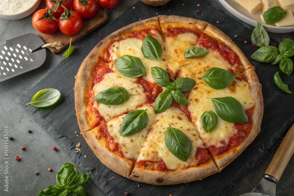 A top view of a traditional Italian pizza with basil and cheese A top view of a traditional Italian pizza with basil and cheese