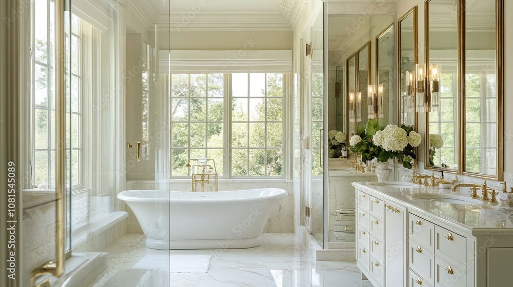 Elegant bathroom with mirrored walls, freestanding tub, vanity with gold details, modern lighting fixtures Elegant bathroom with mirrored walls, freestanding tub, vanity with gold details, modern lighting fixtures