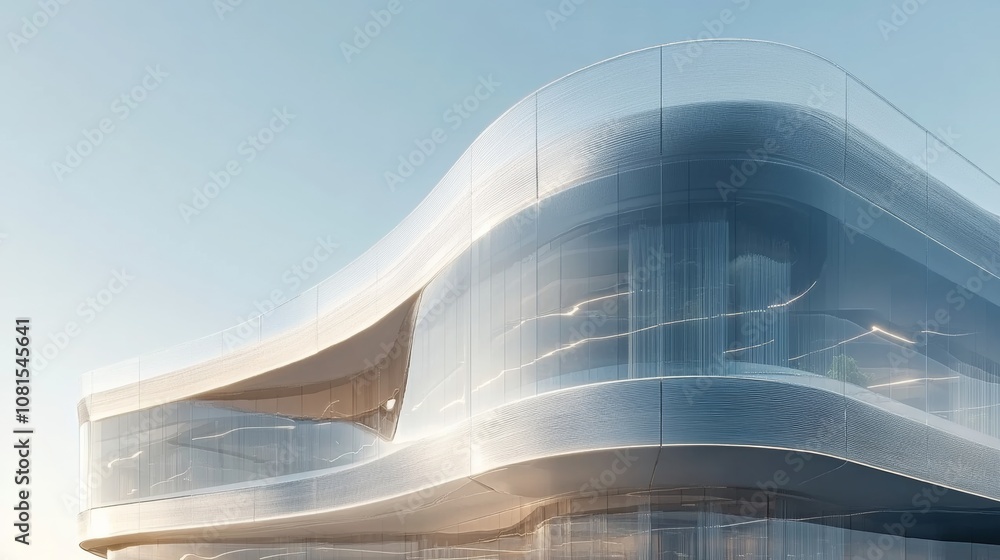 Obraz premium Modern building with curved glass facade reflecting sky. Contemporary architectural design against a clear blue backdrop
