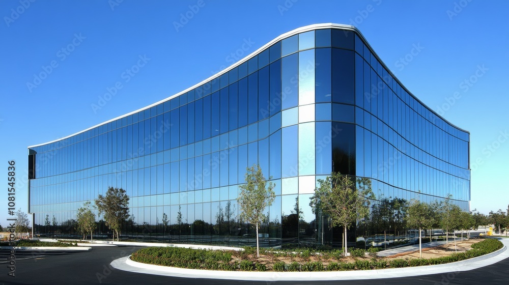 Fototapeta premium Modern building with curved glass facade reflecting sky. Contemporary architectural design against a clear blue backdrop