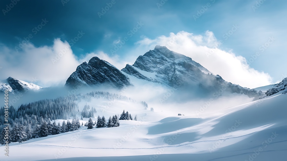 Obraz premium Snowy mountain peak with clouds and blue sky background for winter nature backdrop or wallpaper