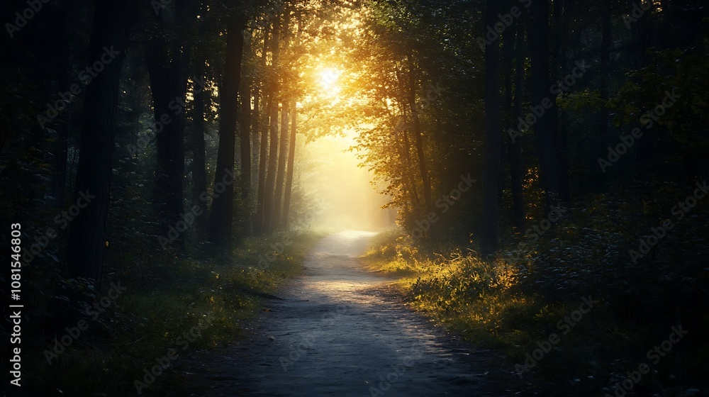 Fototapeta premium Sun shining through trees in misty forest path, hope and light concept