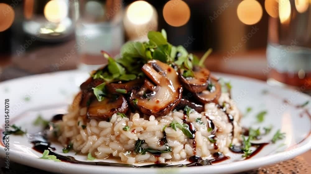 Indulge in a mouth watering mushroom risotto on a white plate with herbs and balsamic glaze. Perfect for lunch or dinner at a gourmet restaurant. Enjoy the delicious. Visually appealing dish indoors Indulge in a mouth watering mushroom risotto on a white plate with herbs and balsamic glaze. Perfect for lunch or dinner at a gourmet restaurant. Enjoy the delicious. Visually appealing dish indoors