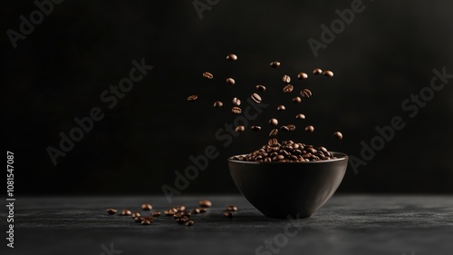 Coffee beans in mid-air above ceramic bowl on dark background photo