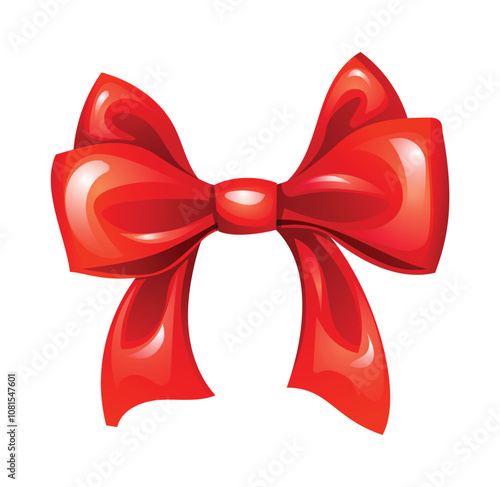 Stylish red ribbon bow with rounded loops, ideal for gifts or festive decor. Vector cartoon illustration
