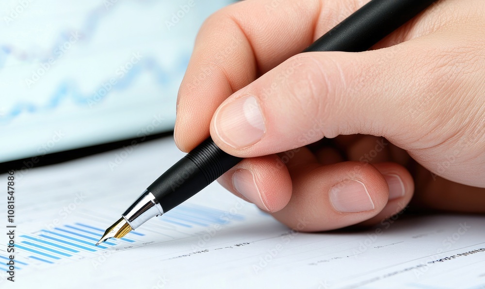 A close-up of a hand holding a pen, analyzing financial data on a document with graphs and statistics. A close-up of a hand holding a pen, analyzing financial data on a document with graphs and statistics.