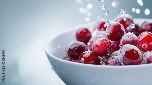 Fresh cranberries in white bowl with water droplets photo