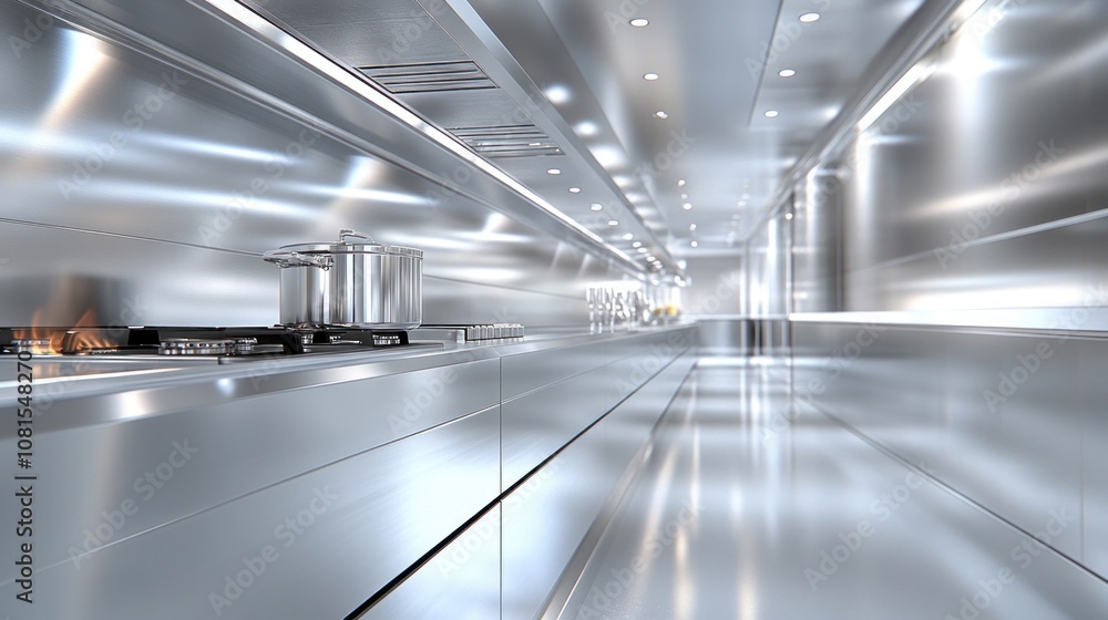 Modern stainless steel commercial kitchen with stove, pots and pans, and gleaming countertop. Modern stainless steel commercial kitchen with stove, pots and pans, and gleaming countertop.