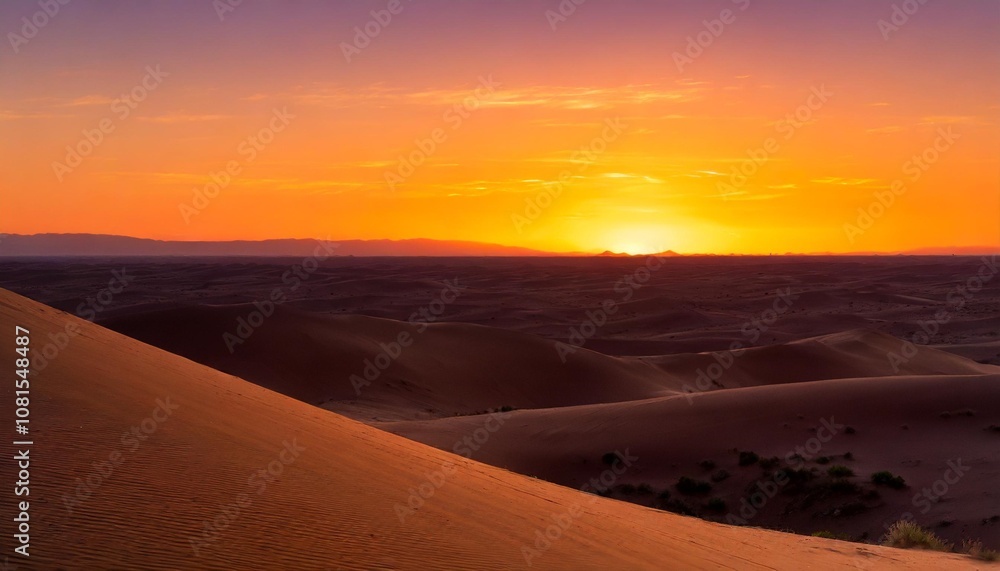 Sunset Over the Vast Desert With Rolling Sand Dunes Glowing Golden Under the Fading Light, While the Sky Transitions From Orange to Deep Purple in the Distance Sunset Over the Vast Desert With Rolling Sand Dunes Glowing Golden Under the Fading Light, While the Sky Transitions From Orange to Deep Purple in the Distance
