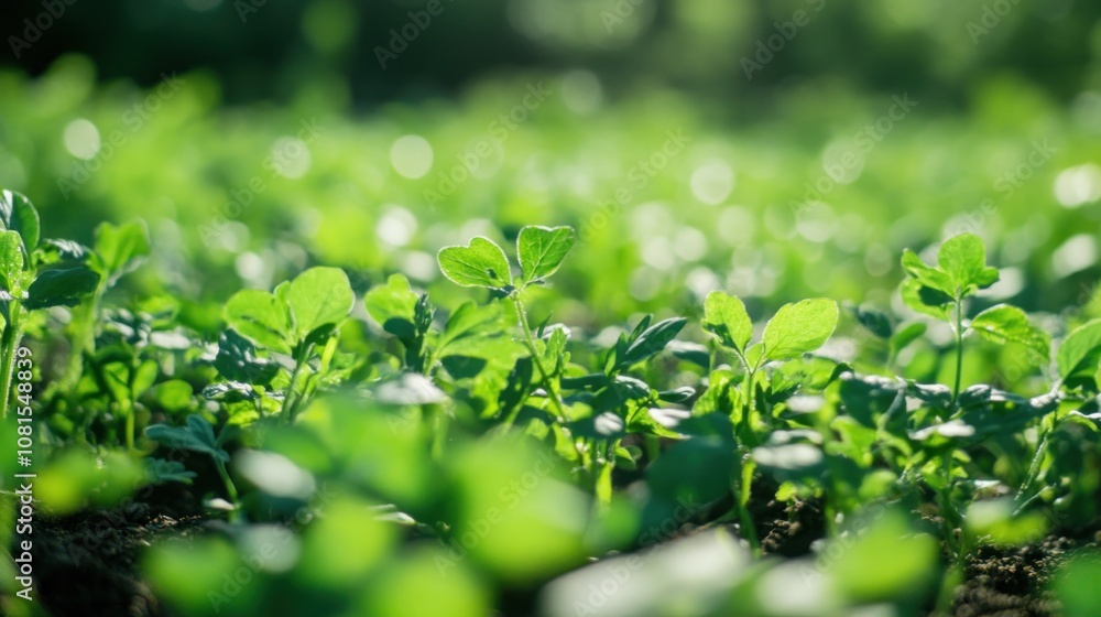 Close-up of vibrant green seedlings growing in rich soil under sunlight. Close-up of vibrant green seedlings growing in rich soil under sunlight.