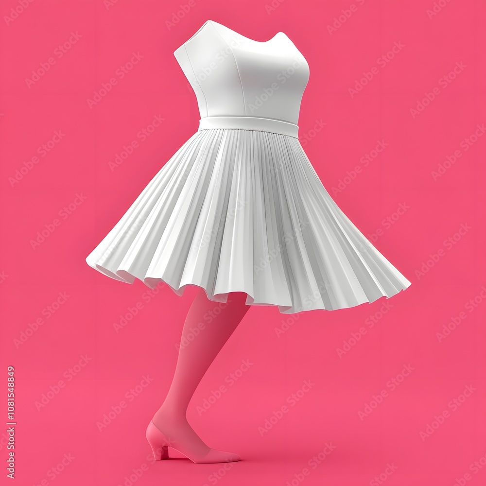 A 3D-rendered white dress on a pink background, showcasing fashion design. A 3D-rendered white dress on a pink background, showcasing fashion design.
