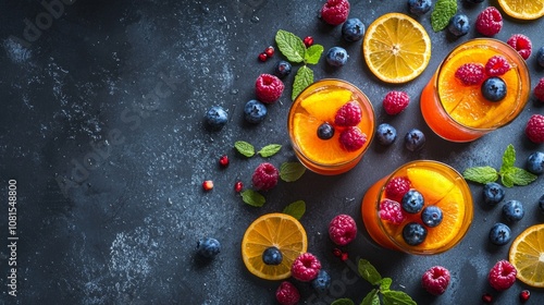 Fresh berry and citrus fruit drinks on dark rustic background