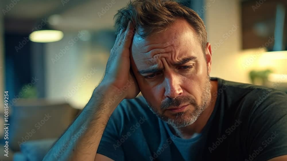 Close-up of a man holding his head with a worried expression, showing signs of stress, fatigue, or deep thought in a quiet indoor setting. Close-up of a man holding his head with a worried expression, showing signs of stress, fatigue, or deep thought in a quiet indoor setting.