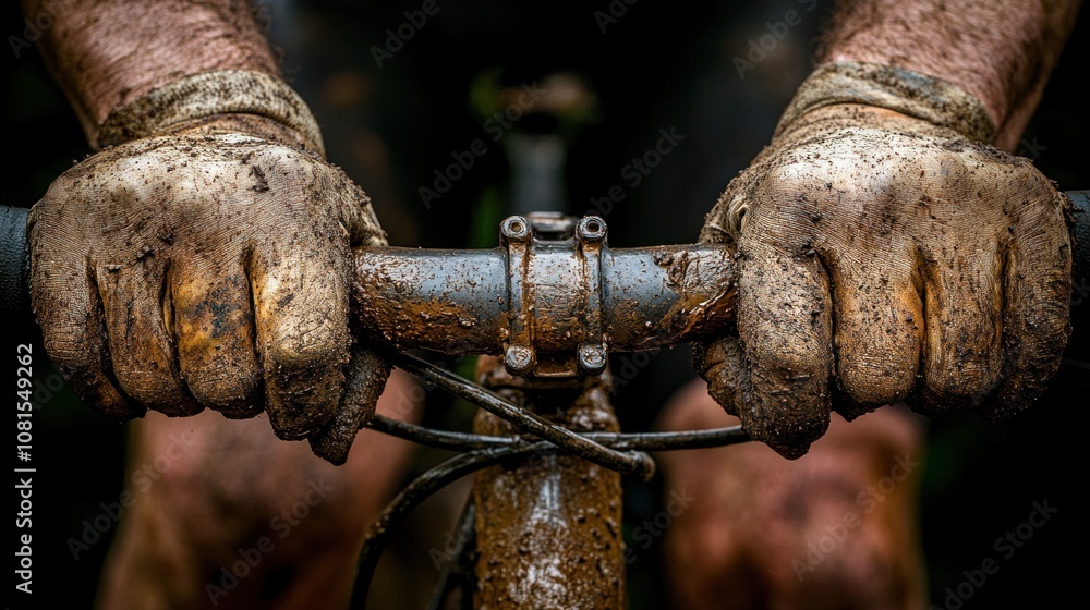 Muddy hands gripping handlebars of a bicycle.