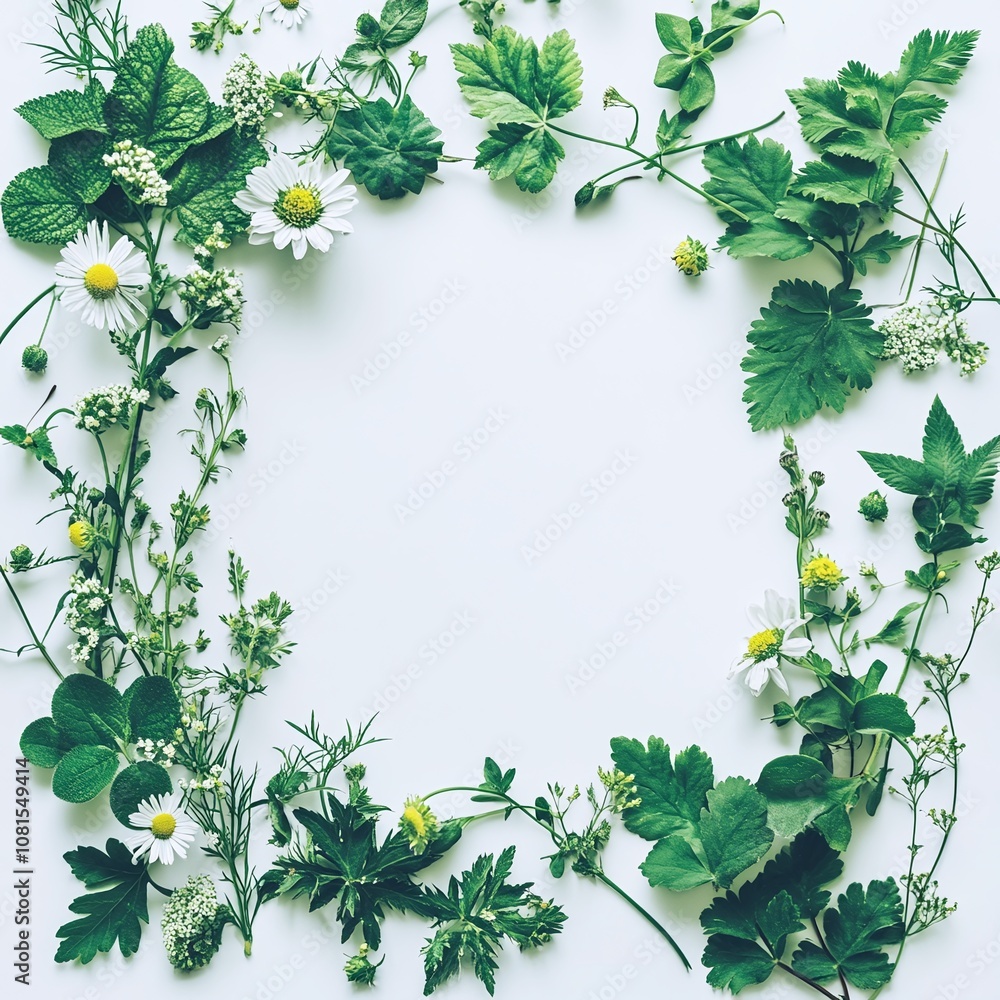 Fototapeta premium Fresh Greenery and White Blossoms Framing a Clean White Background, Ideal for Nature-Themed Designs and Backgrounds