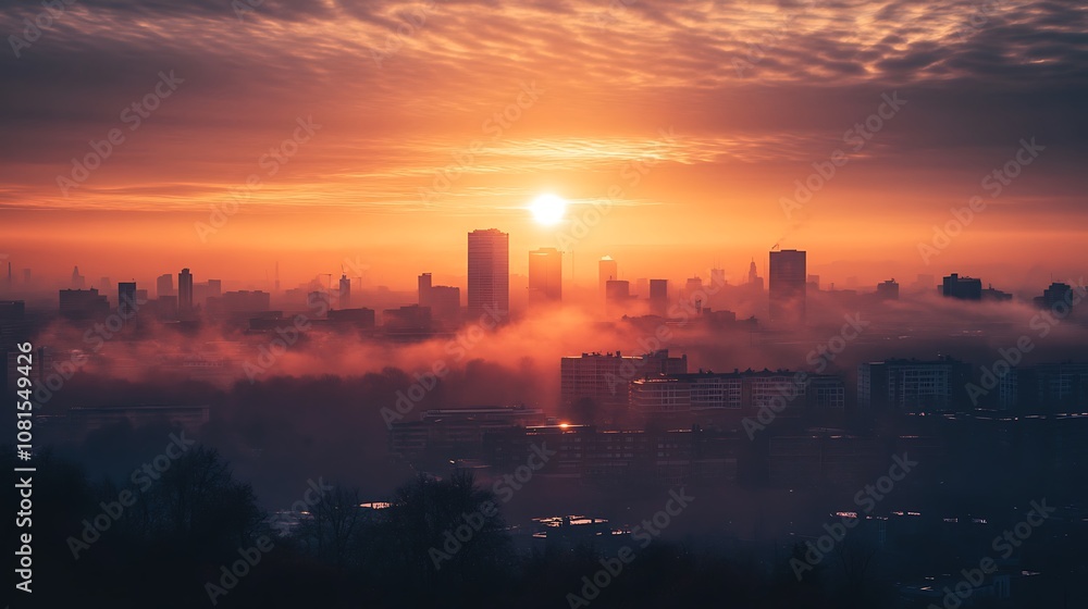 Sunrise over city skyline with fog in the background Sunrise over city skyline with fog in the background