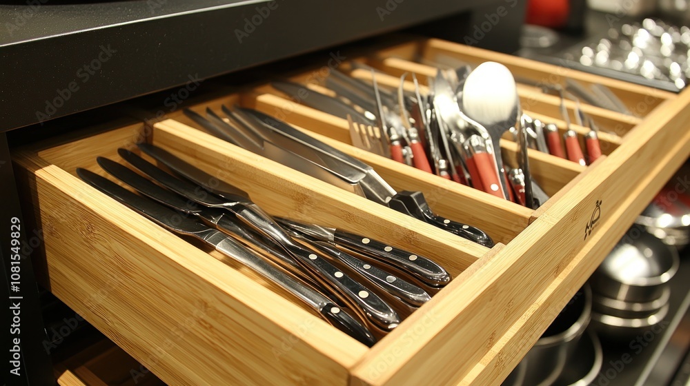 Open kitchen drawer with organized silverware. Open kitchen drawer with organized silverware.