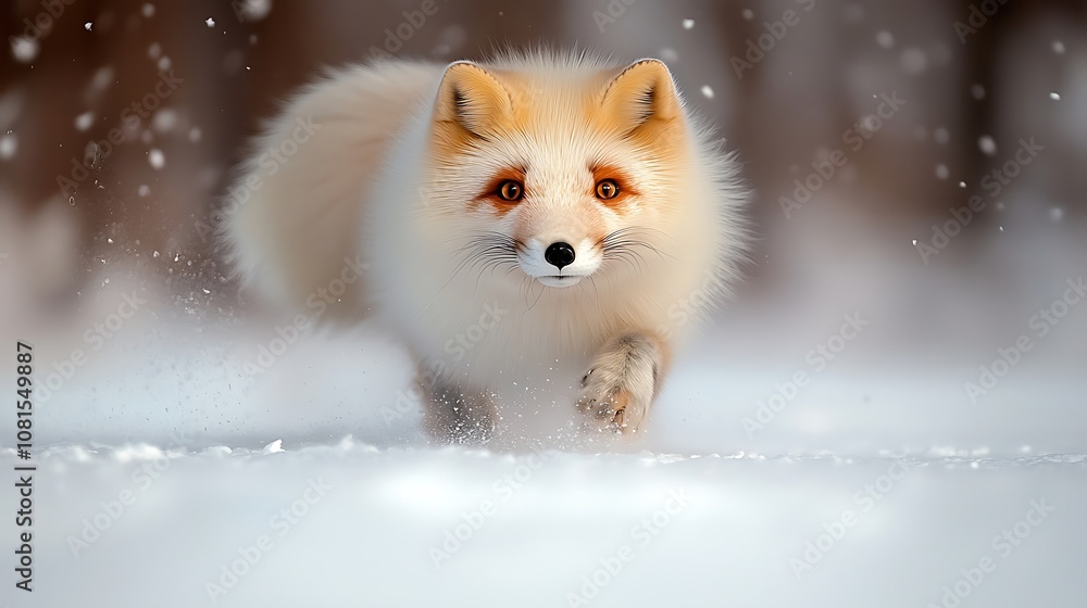 An Arctic fox gracefully makes its way across the powdery white snow, its fluffy white fur blending seamlessly with its surroundings An Arctic fox gracefully makes its way across the powdery white snow, its fluffy white fur blending seamlessly with its surroundings